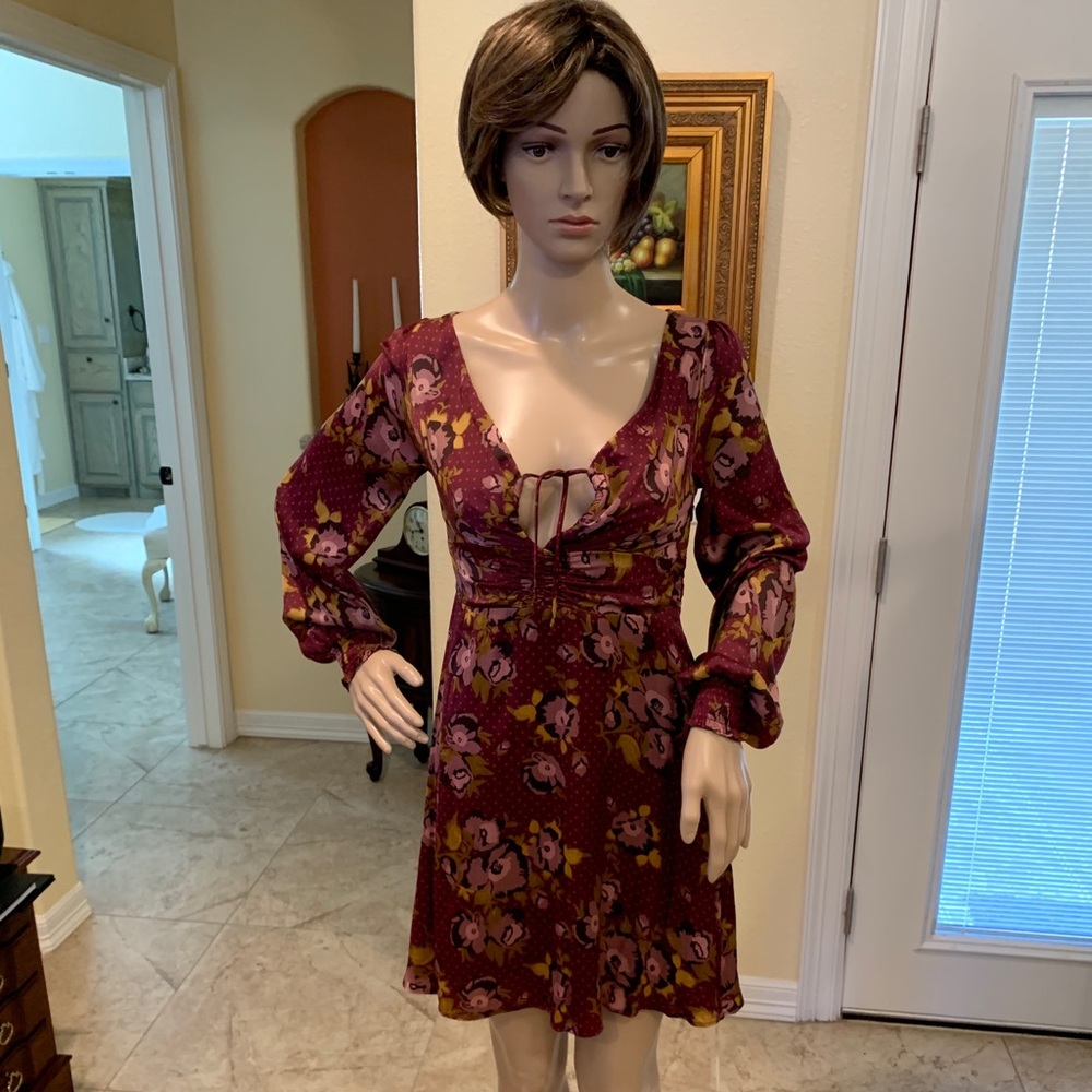Free People Plum Floral Long-Sleeve Tie-Front Mini Dress